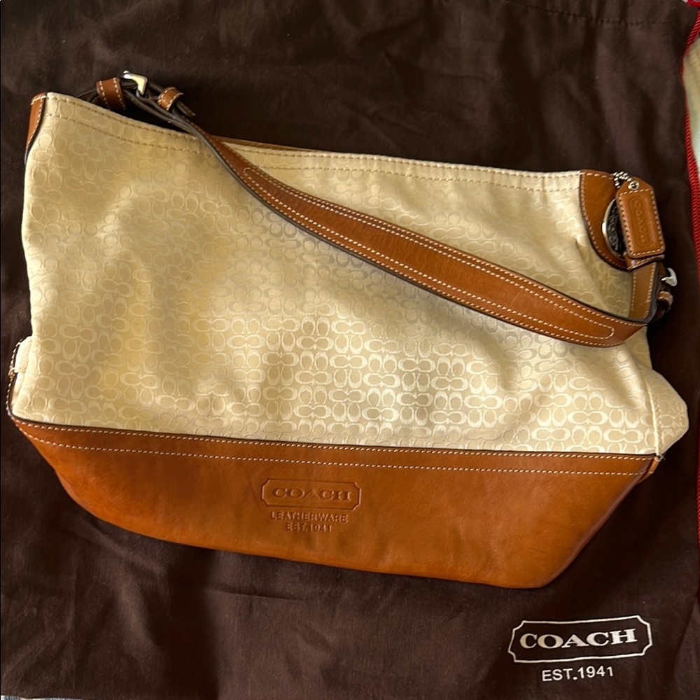 Coach Brown and Cream Hobo Shoulder Bag with Leather Accents